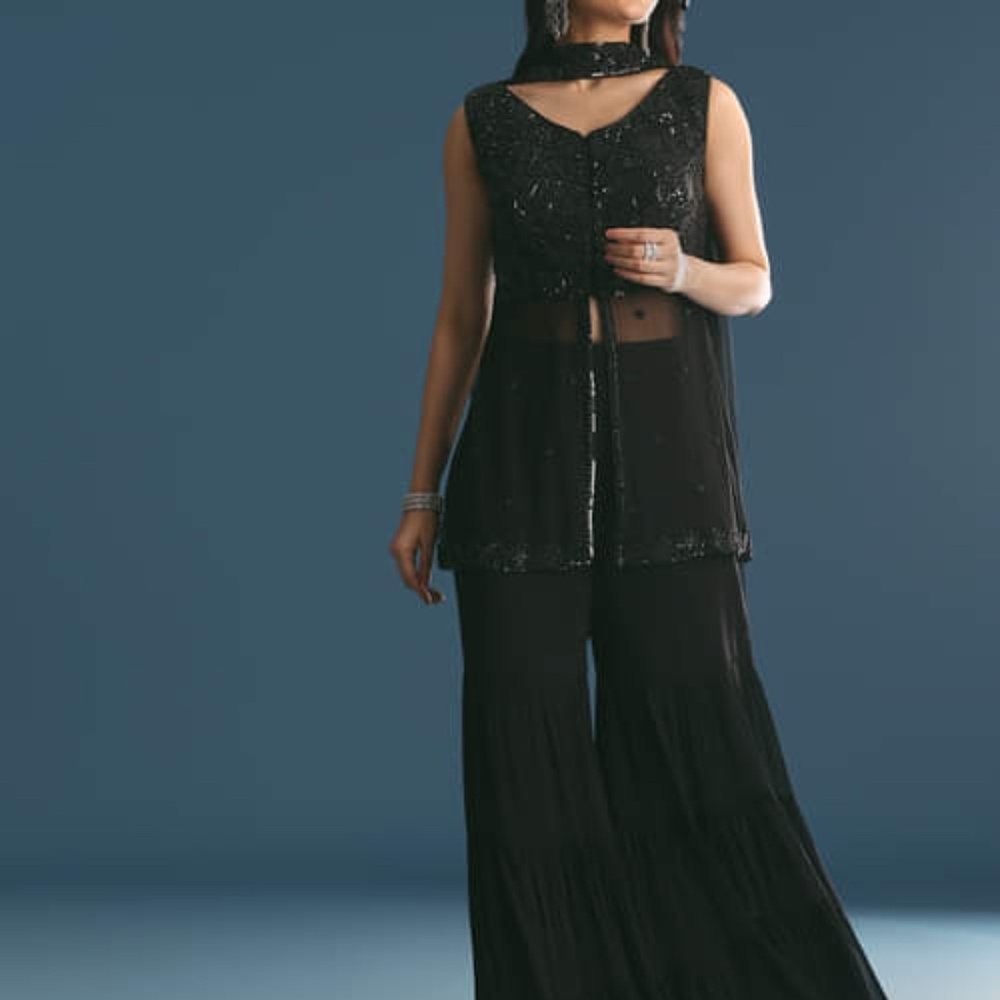 Black Georgette Peplum Kurta Gharara Set With Beads